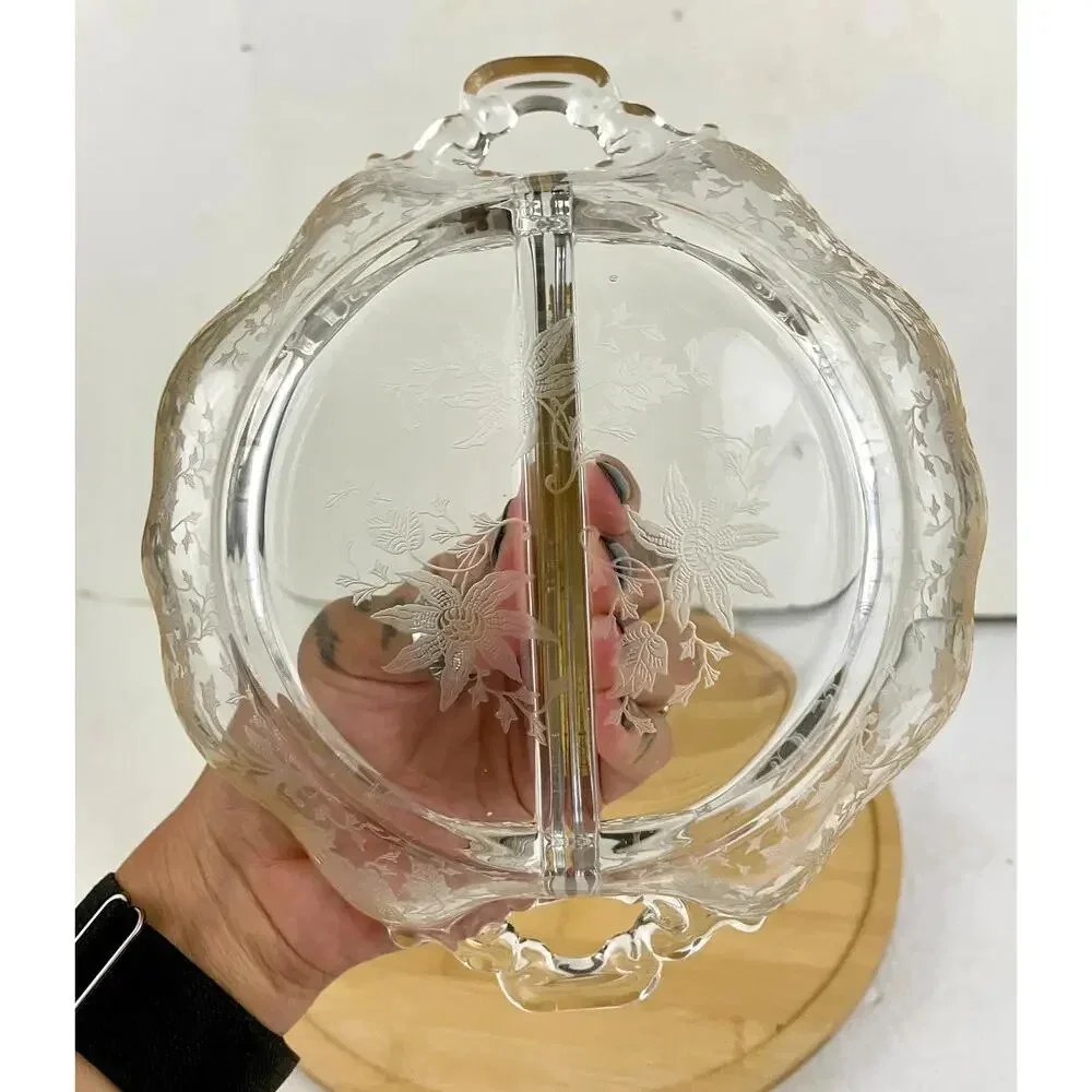 VTG Cambridge‎ Divided Handled Relish Glass Dish Wildflower Clear Gold Trim